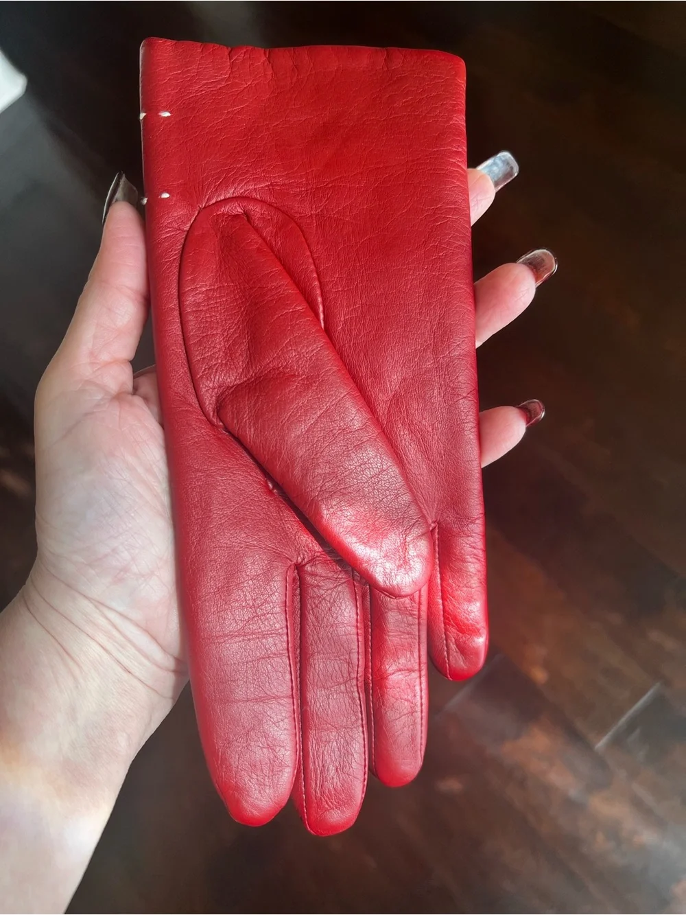 Dark Red Soft Leather Gloves with Bow Accent